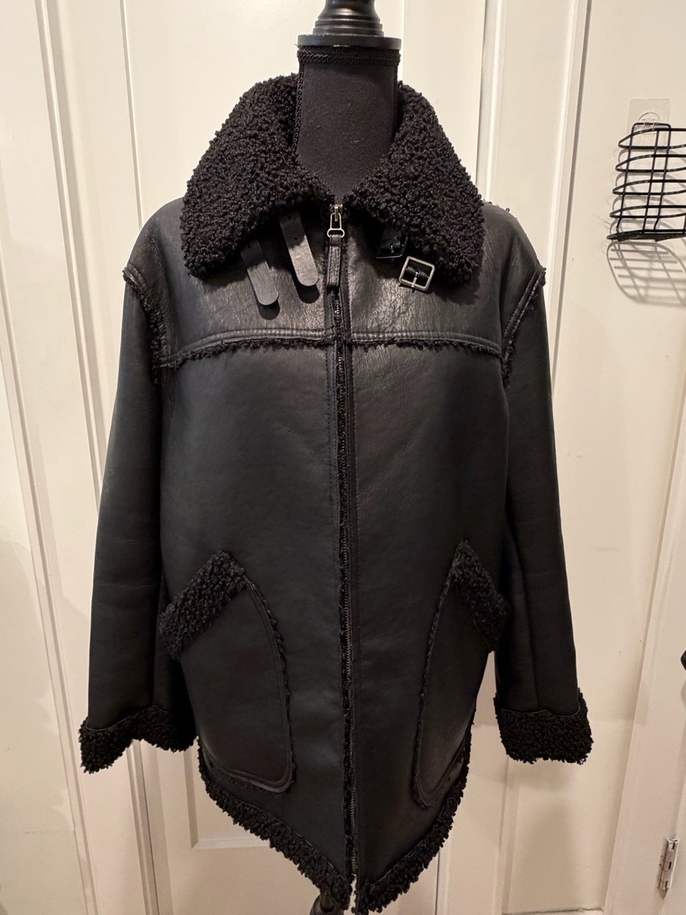 Max Studio Black Shearling-Trim Leather Jacket
